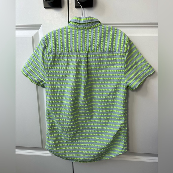 Mini Boden Boys Neon Green Striped Button Down Short Sleeve Shirt (Size 9-10) - Picture 2 of 4